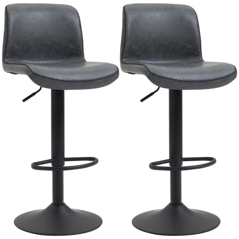 Set of 2 Bar Stools – Dark Grey PU Leather with Backrest & Footrest