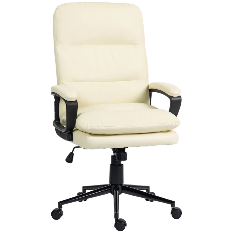 Cream White PU Leather Desk Chair – Rolling Wheels & Height Adjustable