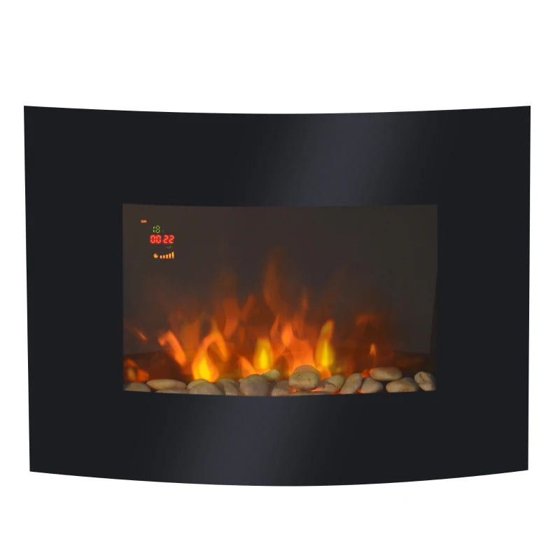 Curved Glass Wall Fireplace with LED Lights, 900/1800W, 65x52cm