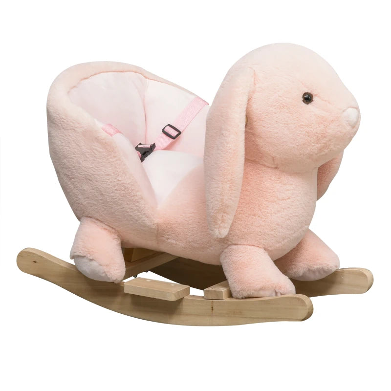 Plush Rocking Rabbit Ride-On Toy with Sound, Wood Base & Safety Seatbelt for 18-36 Months