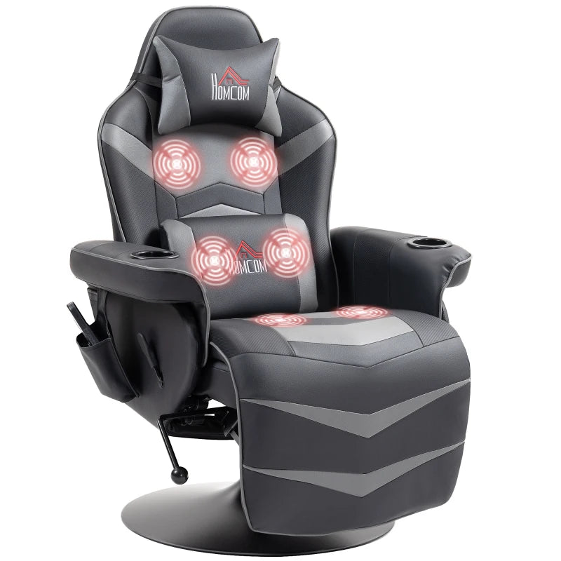 Ergonomic Massage Gaming Recliner with Cup Holders & Footrest, Grey