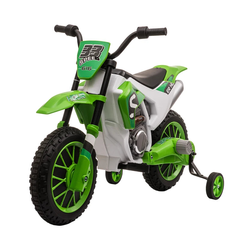 Green 12V Kids Electric Motorcycle Ride-On with Training Wheels, Ages 3 to 6