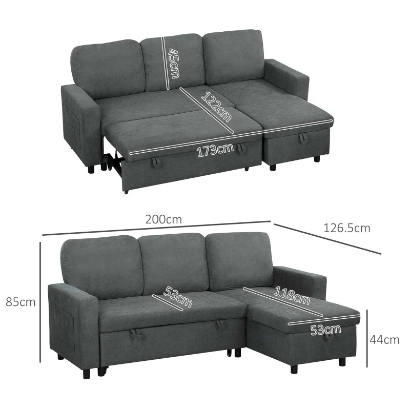 Convertible L Sofa Bed with Storage, Charcoal Grey, Multi-Use