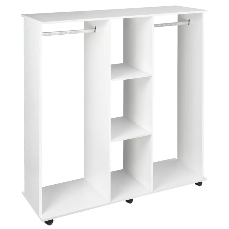 Open Wardrobe Storage – Double Shelves, White, 6 Wheels Mobile