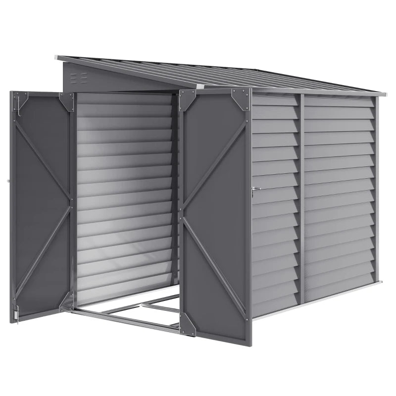 Galvanised Metal Lean-to Garden Shed with Base, Vents & Lockable Doors, 5x9ft – Grey