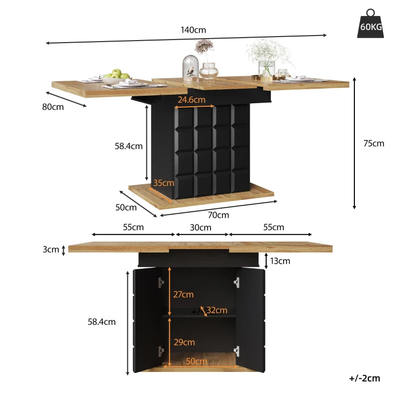 Black & Natural Extendable Dining Table, Foldable, Seats 4–6, 110–140cm