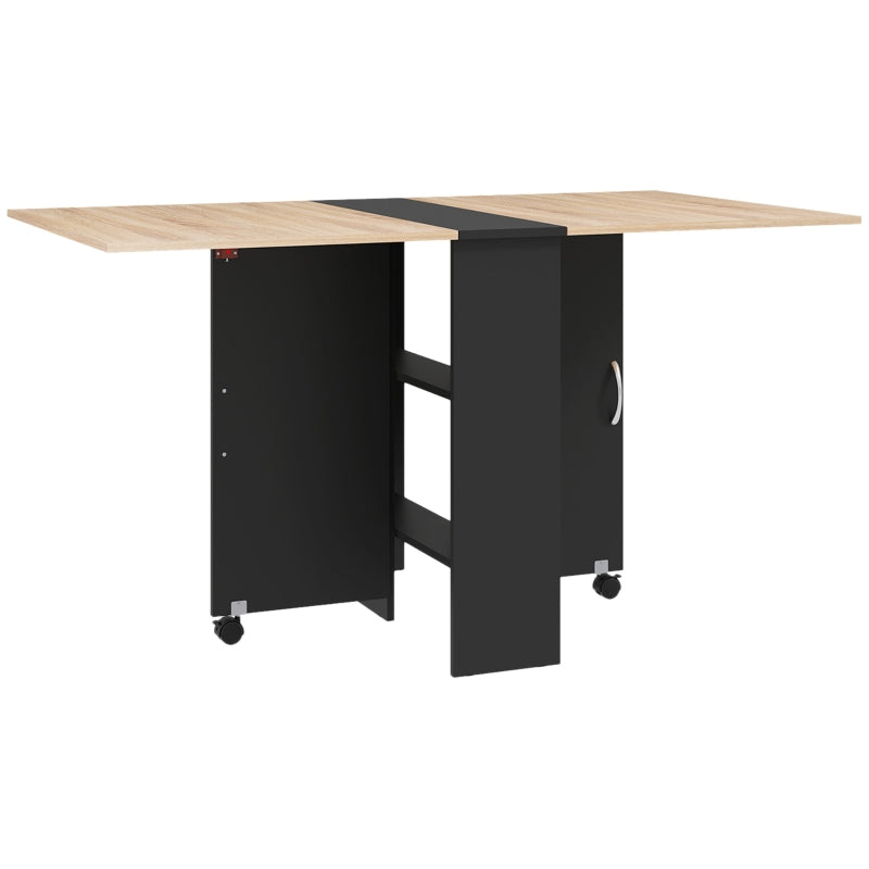 Folding Dining Table with Oak Top, Drop Leaf & 2 Shelves on Casters