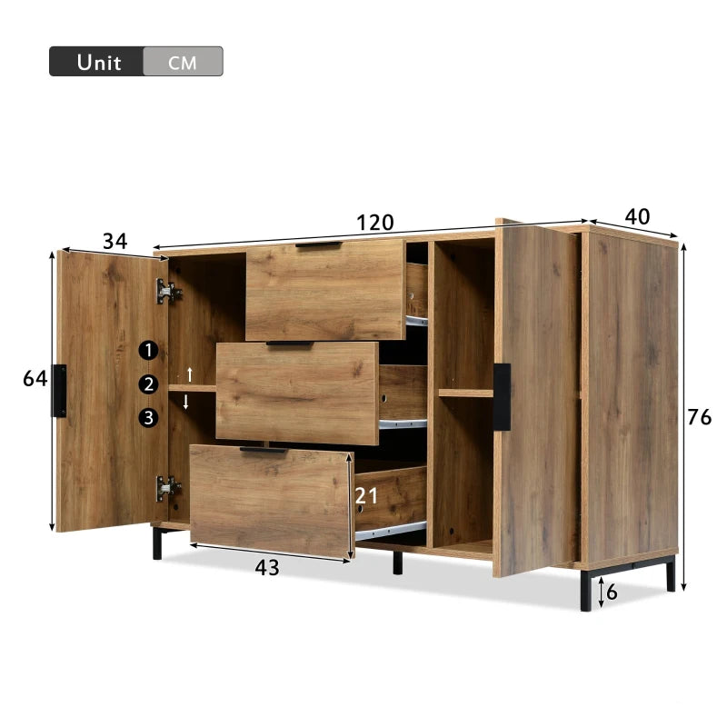 Modern Dark Oak Sideboard Cabinet – 2 Doors, 3 Drawers, Adjustable Shelf