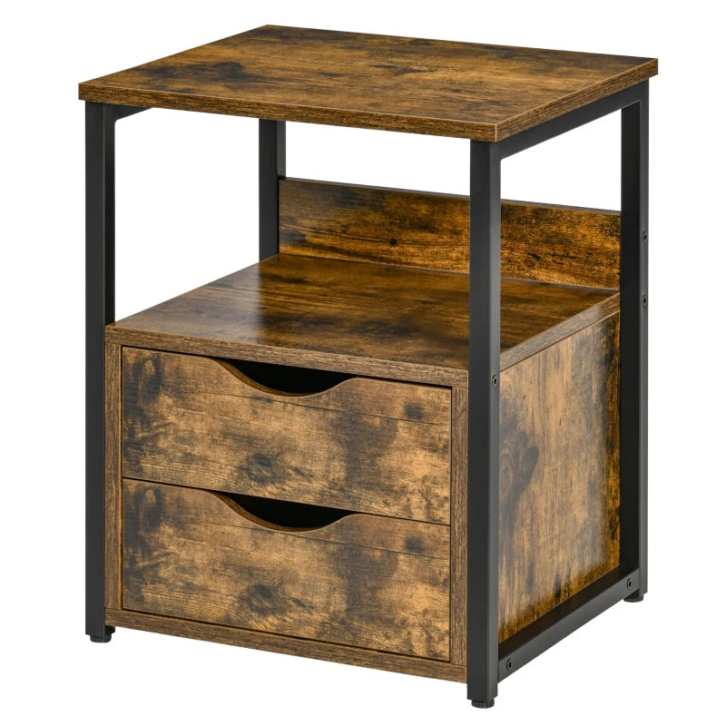 Industrial Nightstand – Slim Side Table with Drawer & Shelf, Rustic Brown