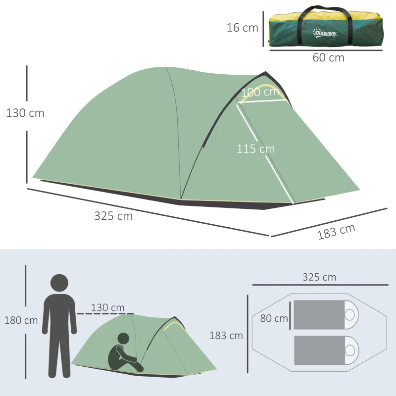 2-Person Dome Tent – Waterproof with Large Windows, Green/Yellow