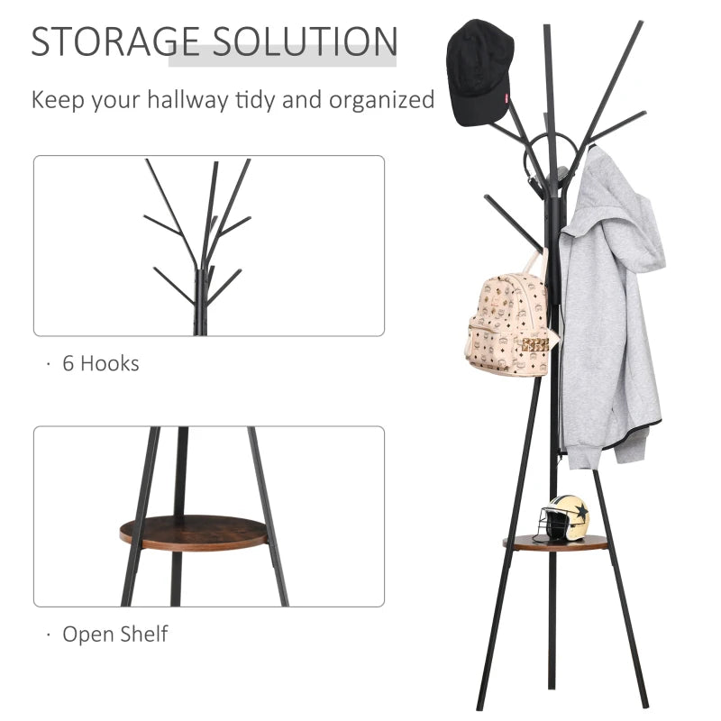 9-Hook Freestanding Coat Rack with Shelf – Brown Metal Organizer
