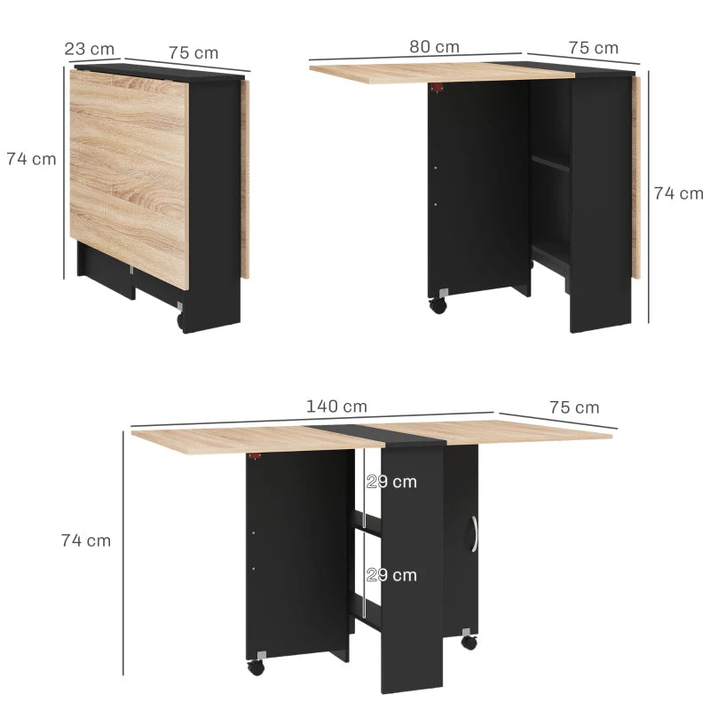 Folding Dining Table with Oak Top, Drop Leaf & 2 Shelves on Casters