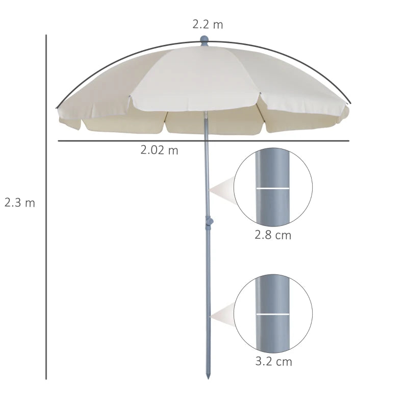 Portable cream white beach umbrella with tilting function, 8 ribs, outdoor sunshade 2.2m