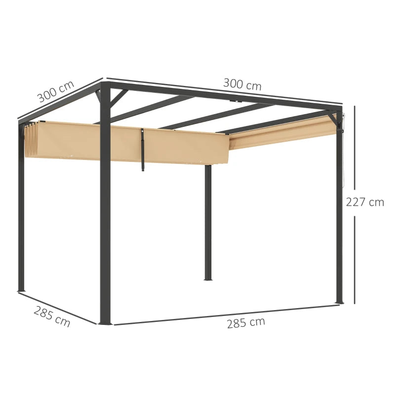 Khaki Aluminium Pergola with Retractable Roof and Wall for Patio or Garden, 3 x 3m