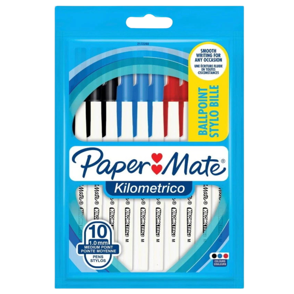 Paper Mate Kilometrico Pack of 10 Ballpoint Pens Red Blue Black Ink School Office Writing Set
