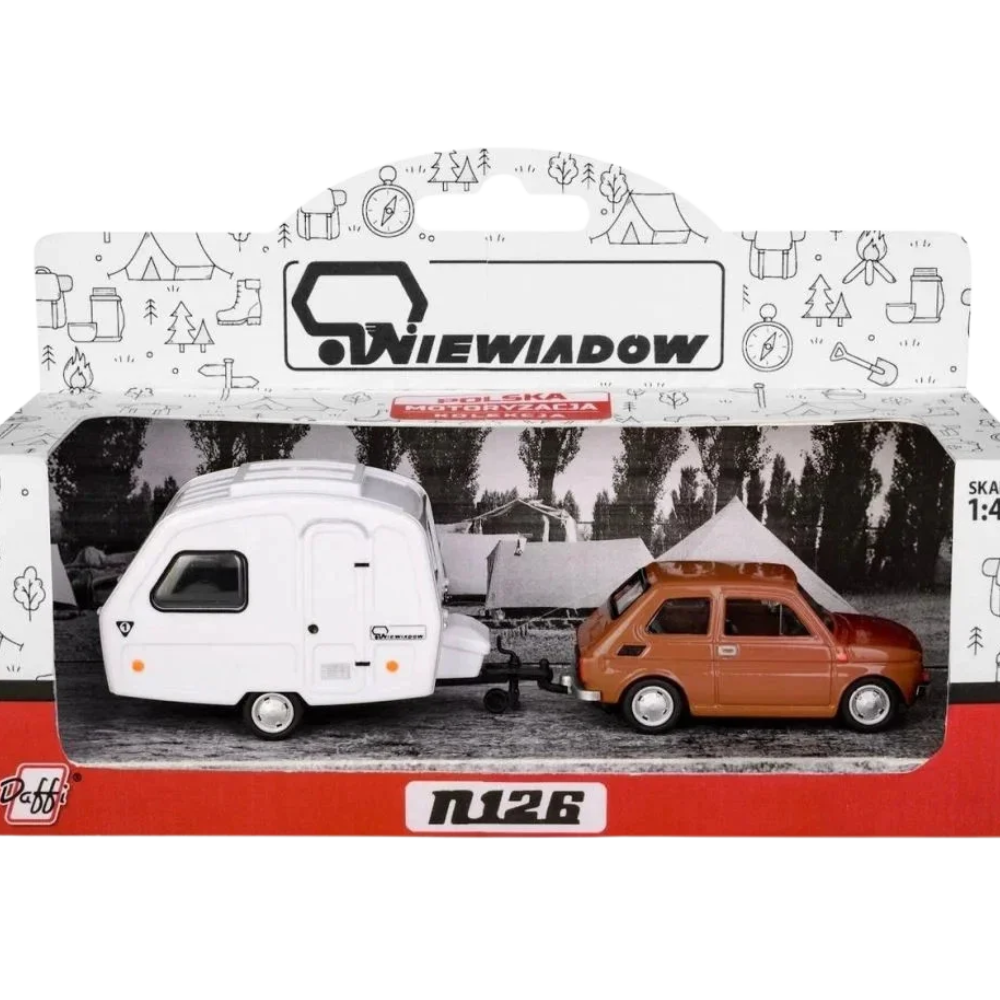 Fiat 126p with Niewiadow Camping Trailer Brown Model Car Toy Collectible Vehicle Gift
