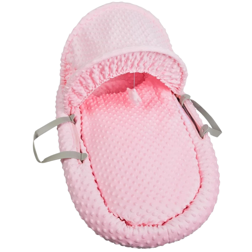 Luxury Moses Basket Baby Full Set with Rocking Stand Padded Wicker Crib Leather Handles Grey & Pink