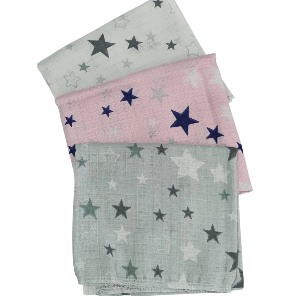 3 Pack Xl Large Printed Muslin Squares for Babies, Reusable 100% Cotton Nappy Cloths