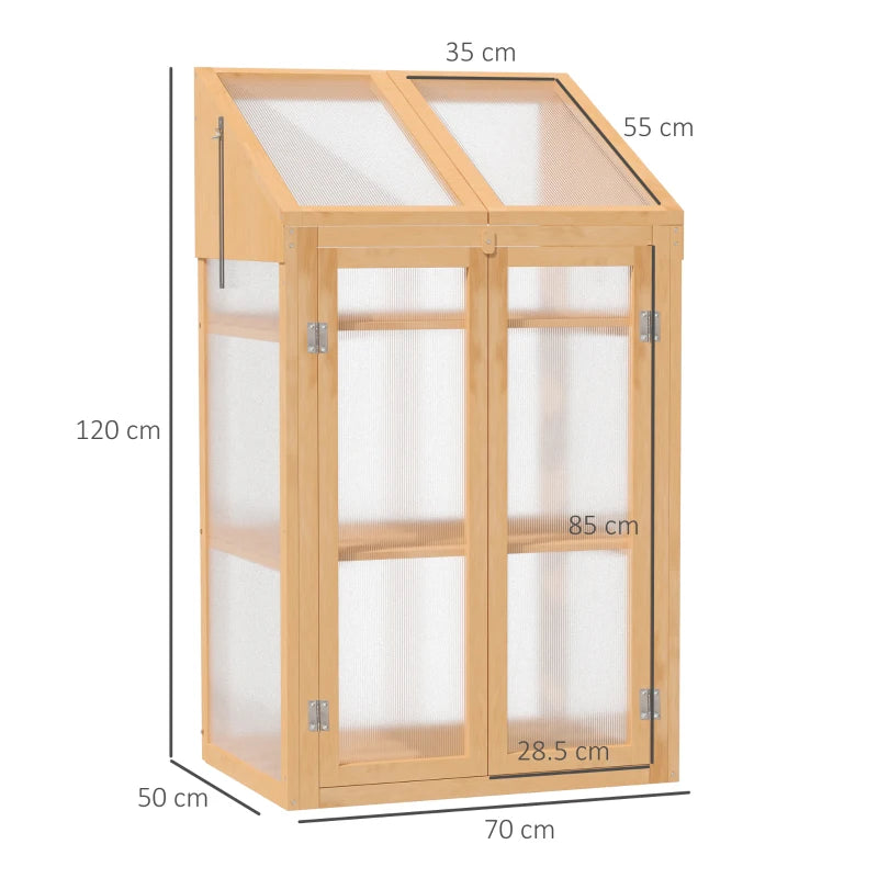 Wooden Cold Frame Polycarbonate Greenhouse with Openable Top & Double Door, Grey, 70x50x120cm
