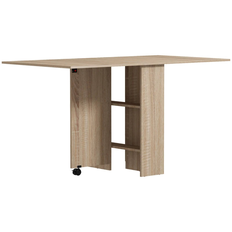 Drop Leaf Folding Dining Table, Natural Finish, 2-Tier Shelves & Wheels