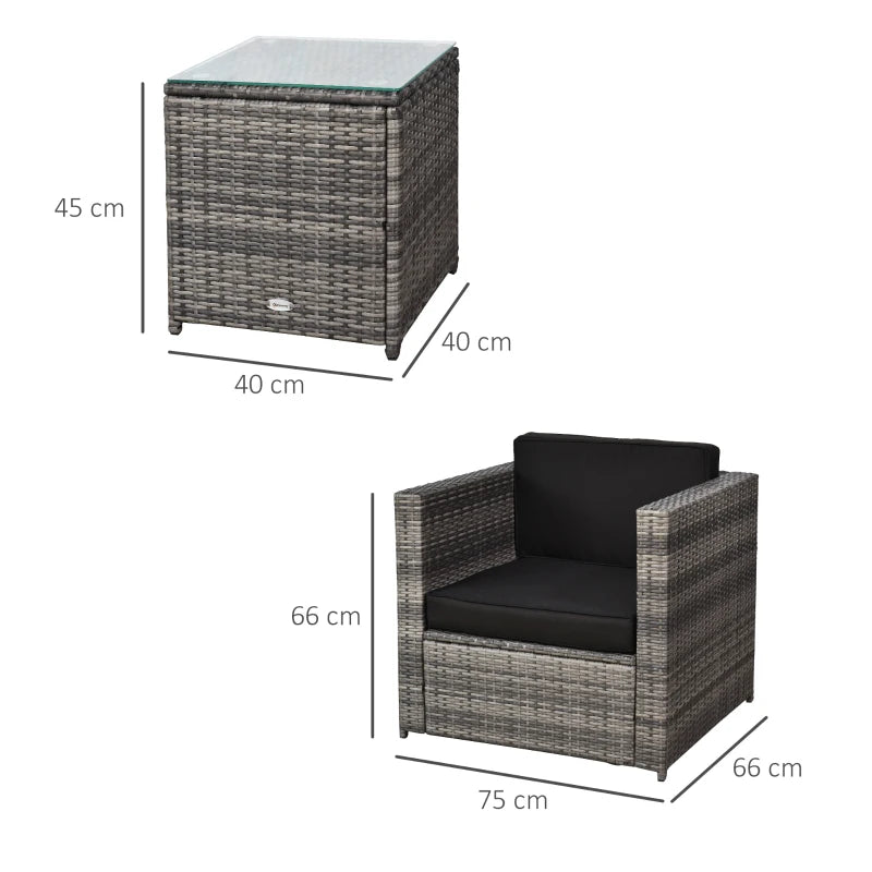 Wicker Bistro Set with Glass Table & Washable Cushions – 3-Piece Grey