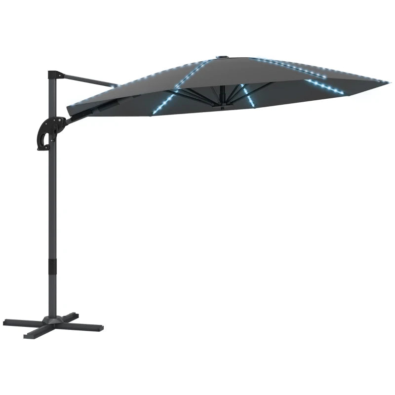 Patio Cantilever Umbrella with Cross Base, Solar Lighting & Crank Handle – 3m Grey